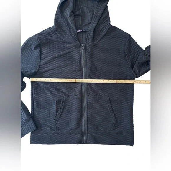 Women's Black Textured/waffled Jacket AQ Sports 2X lightweight, hood & pockets. - Picture 6 of 10